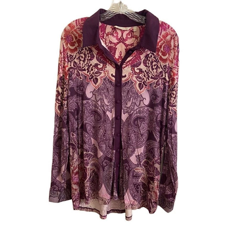 Soft Surroundings Seraphina Purple Paisley Button Long Sleeve Top